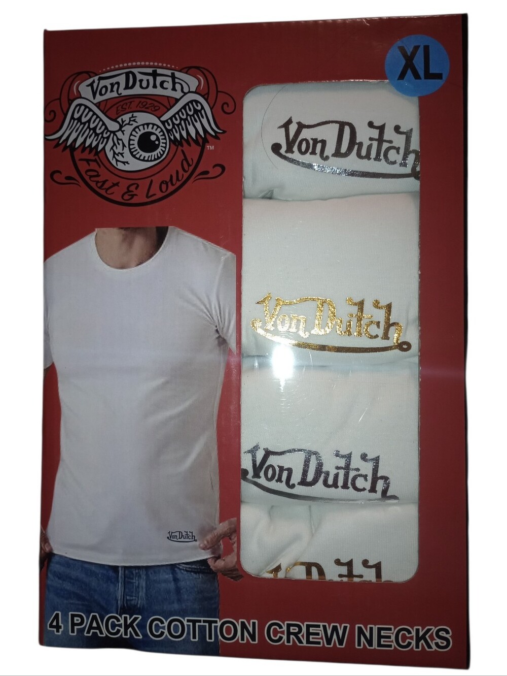 Von Dutch White Crew Neck T-Shirts Pack with Metallic Logos, 4 Pack, NWT
